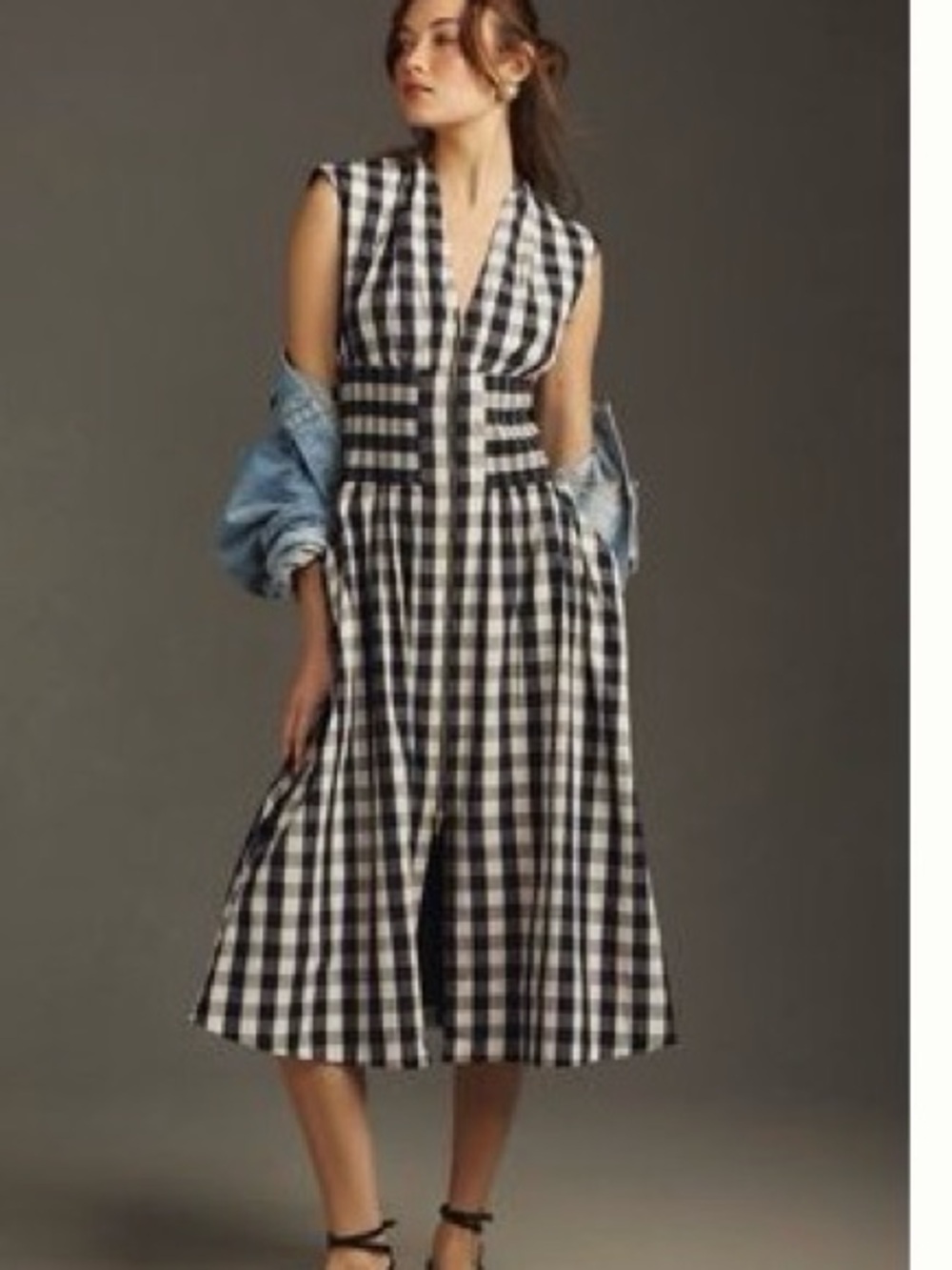 Anthropologie Size XS Petite black & white gingham dress, smocked waist